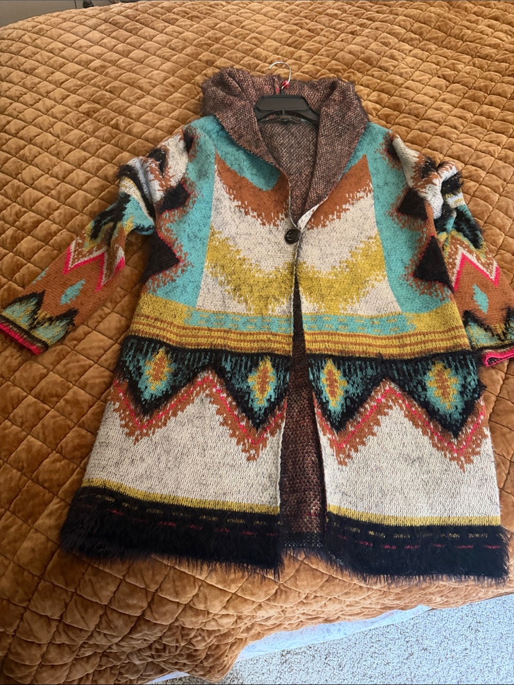 Women’s Southwestern Patterned Open Coatigan - Turquoise, Brown, Cream